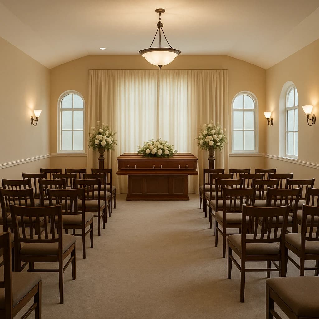 How to shop for a funeral home – Step by Step Peaceful funeral home chapel with wooden casket, floral arrangement, and soft lighting.