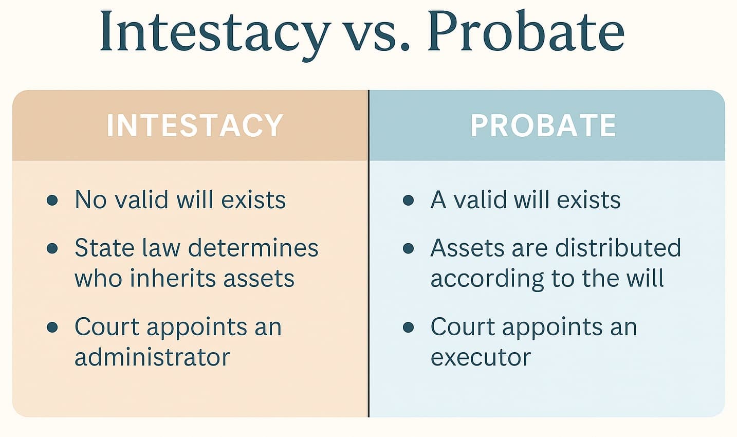 Intestacy-and-probate Infographic comparing intestacy and probate processes side by side with key differences highlighted in two columns.