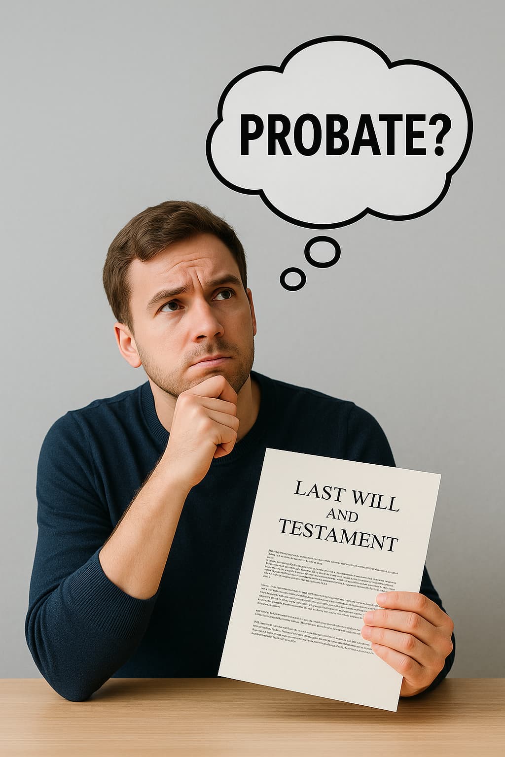 Man wondering if all wills have to go through probate Man thinking while holding a Last Will and Testament with "Probate?" in a thought bubble.