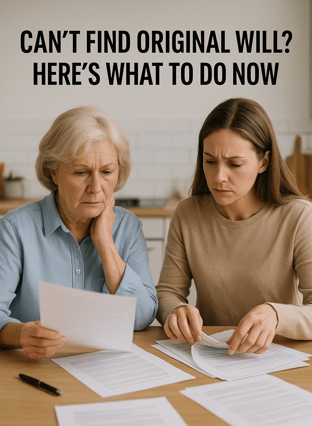 What-happens-when-you-cant-find-an-original-will Elderly woman and younger woman looking through paperwork, concerned they can’t find original will.