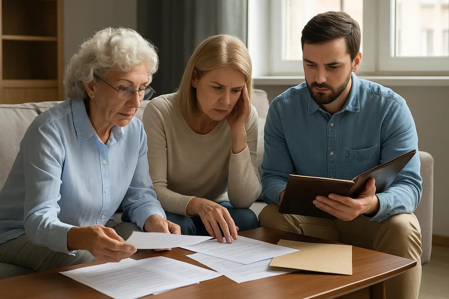 Where to Look for a Missing Will Family gathered around documents discussing where to look for a missing will.