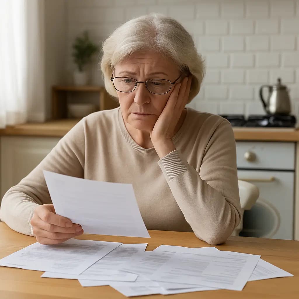Woman Wondering What Happens to My Bills When I Die Elderly woman reviewing bills at her kitchen table, concerned about what happens to her debts after her passing
