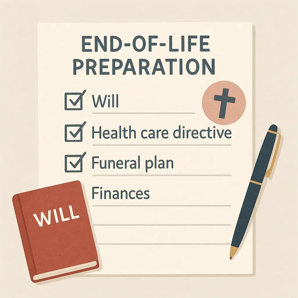 End of Life Preparation Guide Checklist for end-of-life preparation including will, health care directive, funeral plan, and finances, with a red "WILL" book and pen.