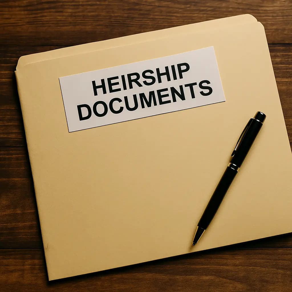 Folder labeled “Heirship Documents” on a desk, representing an Affidavit of Inheritance form. Folder labeled “Heirship Documents” on a desk, representing an Affidavit of Inheritance form.