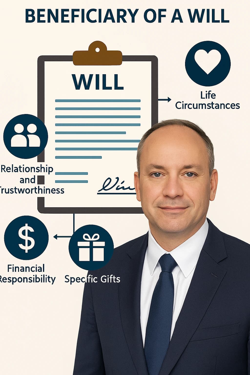 How to Choose a Beneficiary of a will Man in suit beside infographic showing key factors to choose a beneficiary of a will: trust, finances, and life circumstances.