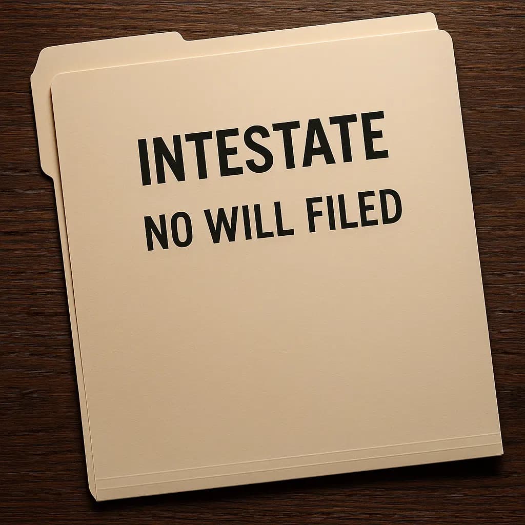When you die without a will, you die intestate File folder labeled "Intestate - No Will Filed" on desk, representing what happens when people die without a will.