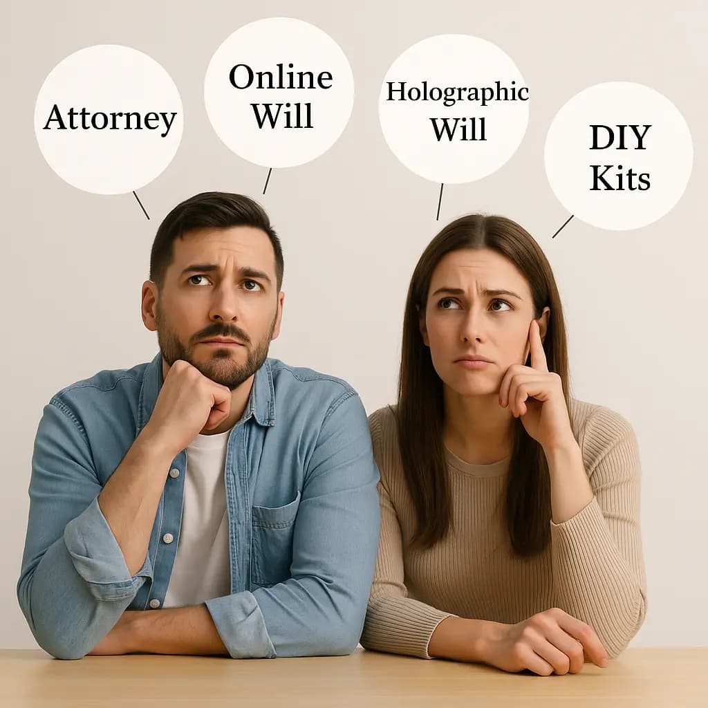 Couple wondering how to draw up a will Couple wondering how to draw up a will with options: Attorney, Online Will, Holographic Will, DIY Kits.