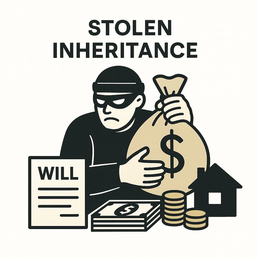 Stolen Inheritance Image of Robber Stealing an Inheritance Illustration of a masked thief hiding assets like a will, money, and a house, symbolizing stolen inheritance.