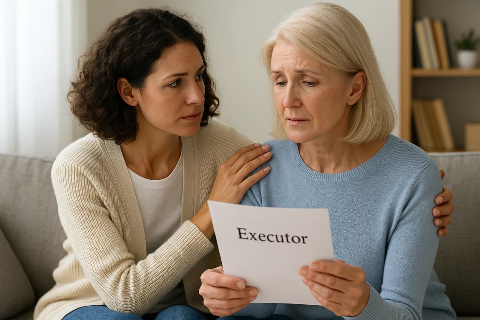 Two women discussing how to choose an executor for a will. Two women discussing how to choose an executor for a will