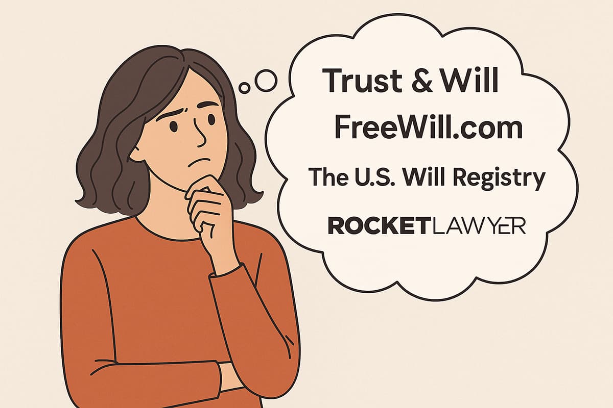 Comparing-Trust-and-Will-to-other-online-will-makers Illustration of a thoughtful woman with a bubble showing Trust & Will, FreeWill.com, The U.S. Will Registry, and Rocket Lawyer.