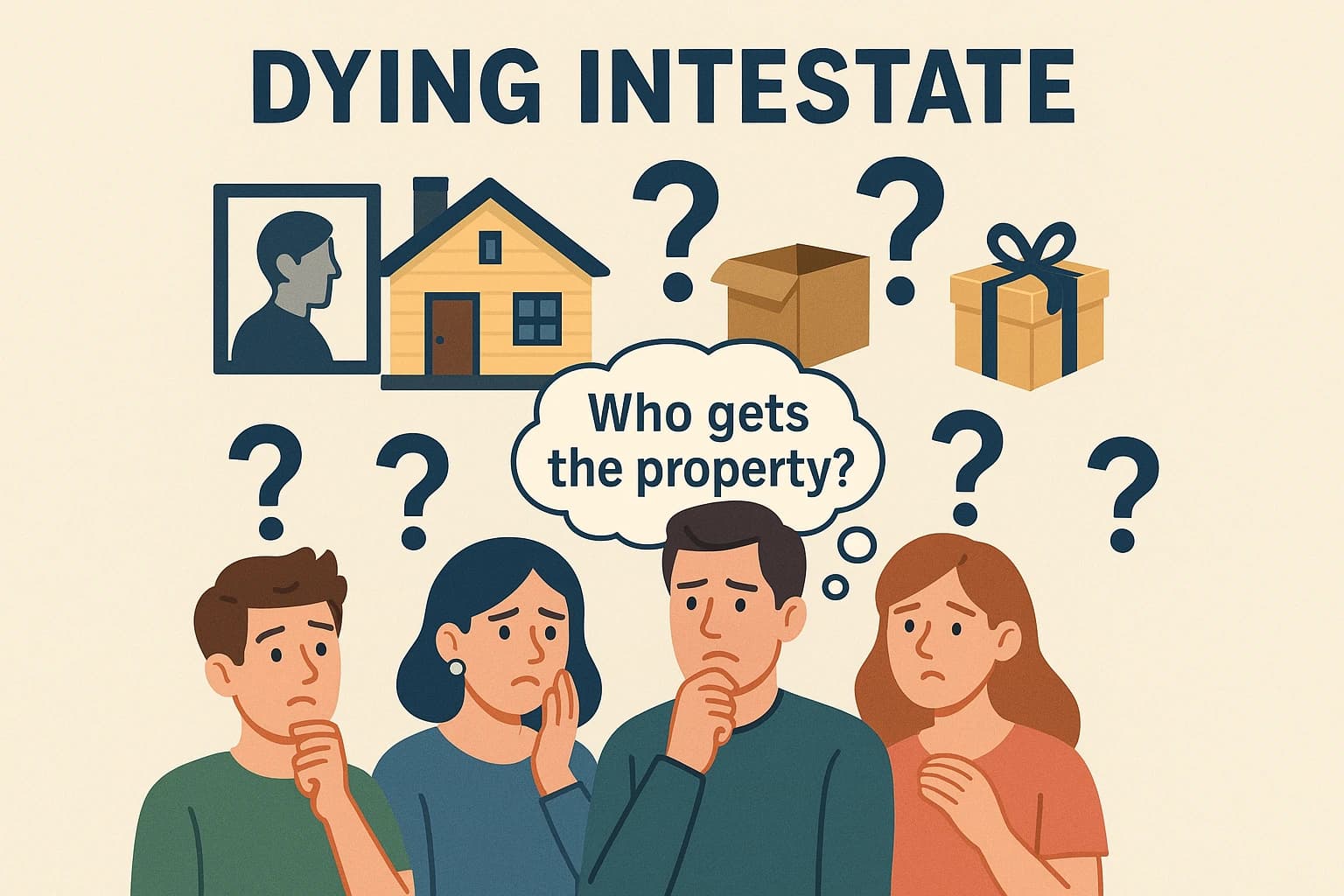 Confused family facing uncertainty over property division after a death without a will. Illustration showing a confused family facing uncertainty over property division after a death without a will.