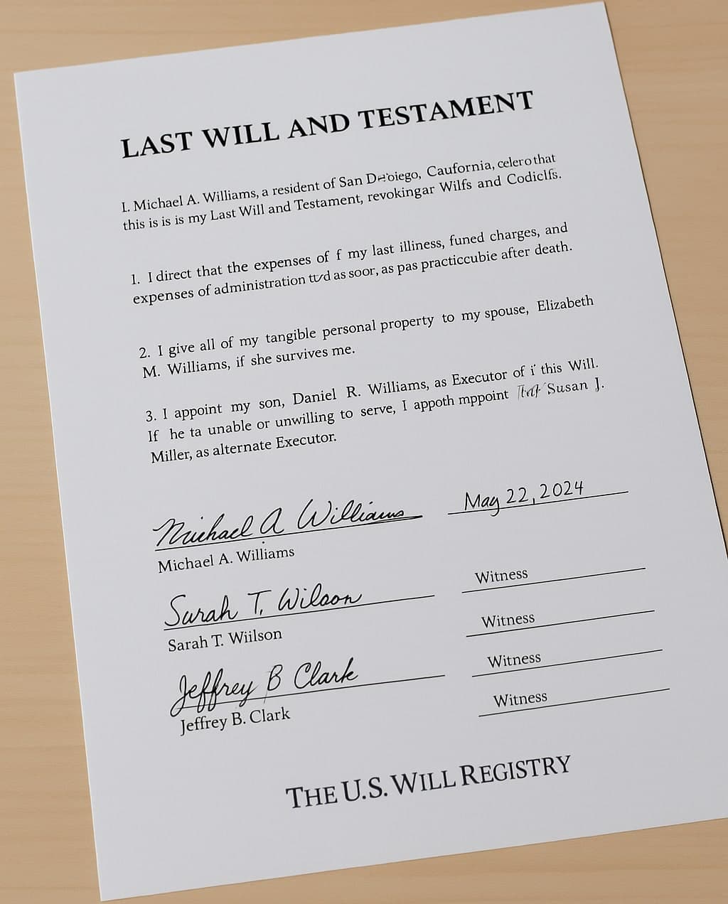 Create-a-will-online-using-The-U.S.-Will-Registry A completed Last Will and Testament document showing how to create a free will online, with “The U.S. Will Registry” at the bottom.