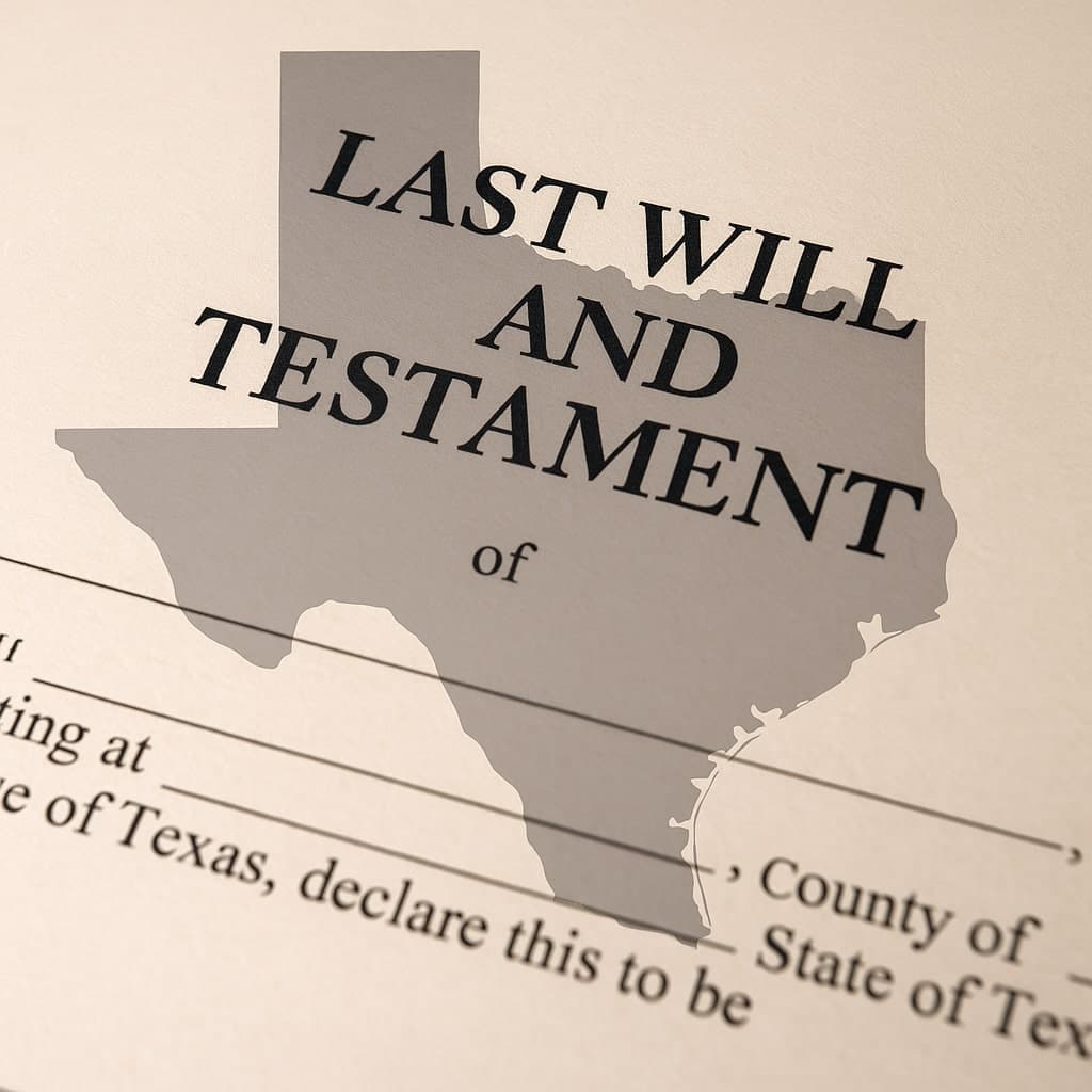 Image-of-a-Last-Will-Template-Texas Last Will and Testament document with the Texas state outline overlayed in the background.