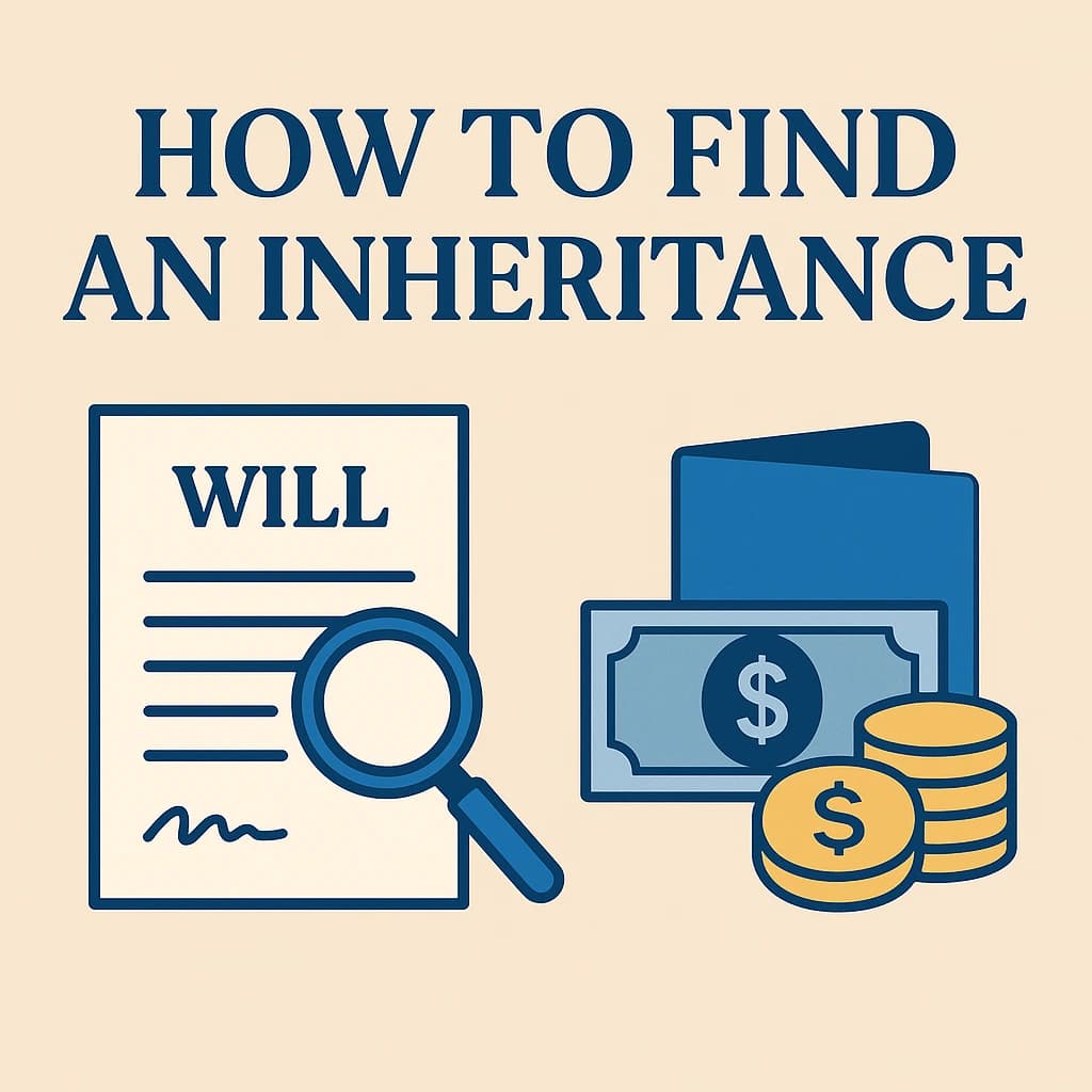 ChatGPT Image Sep 29, 2025, 12_23_10 PM How to find an inheritance illustration showing a magnifying glass over a will, money, and coins.