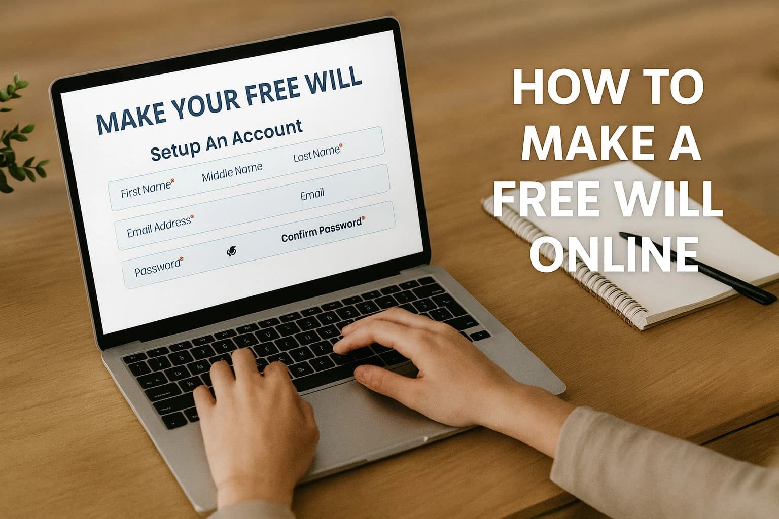 How to Make a Free Will Online – Simple Setup Form Laptop screen showing “Make Your Free Will” with a setup form including fields for First Name, Middle Name, Last Name, Email Address, Password, and Confirm Password.