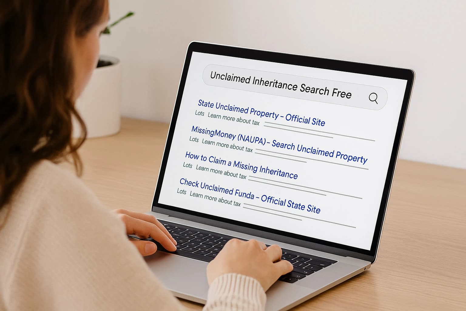 Woman searching for an unclaimed inheritance search free online A person searches on a computer for “Unclaimed Inheritance Search free,” with a search results screen showing resources to locate missing inheritances.