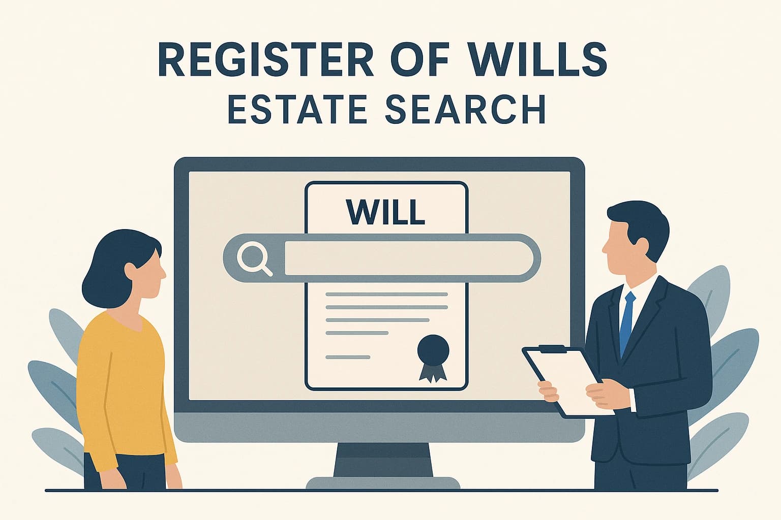 Register of Wills Estate Search Person reviewing documents for a Register of Wills estate search on a computer screen labeled “Will.”