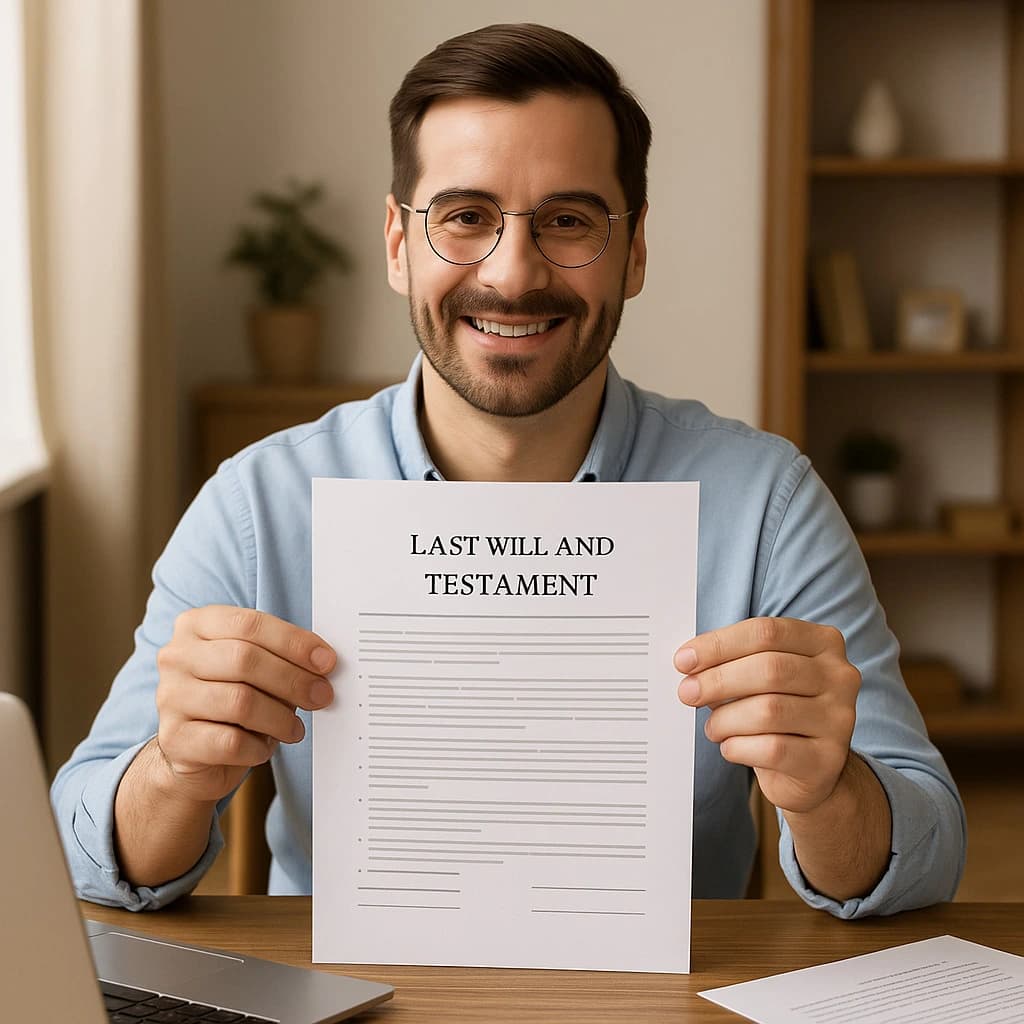 Make a Free Will Online at Home Make a free will at home, smiling man holding his printed will created online.