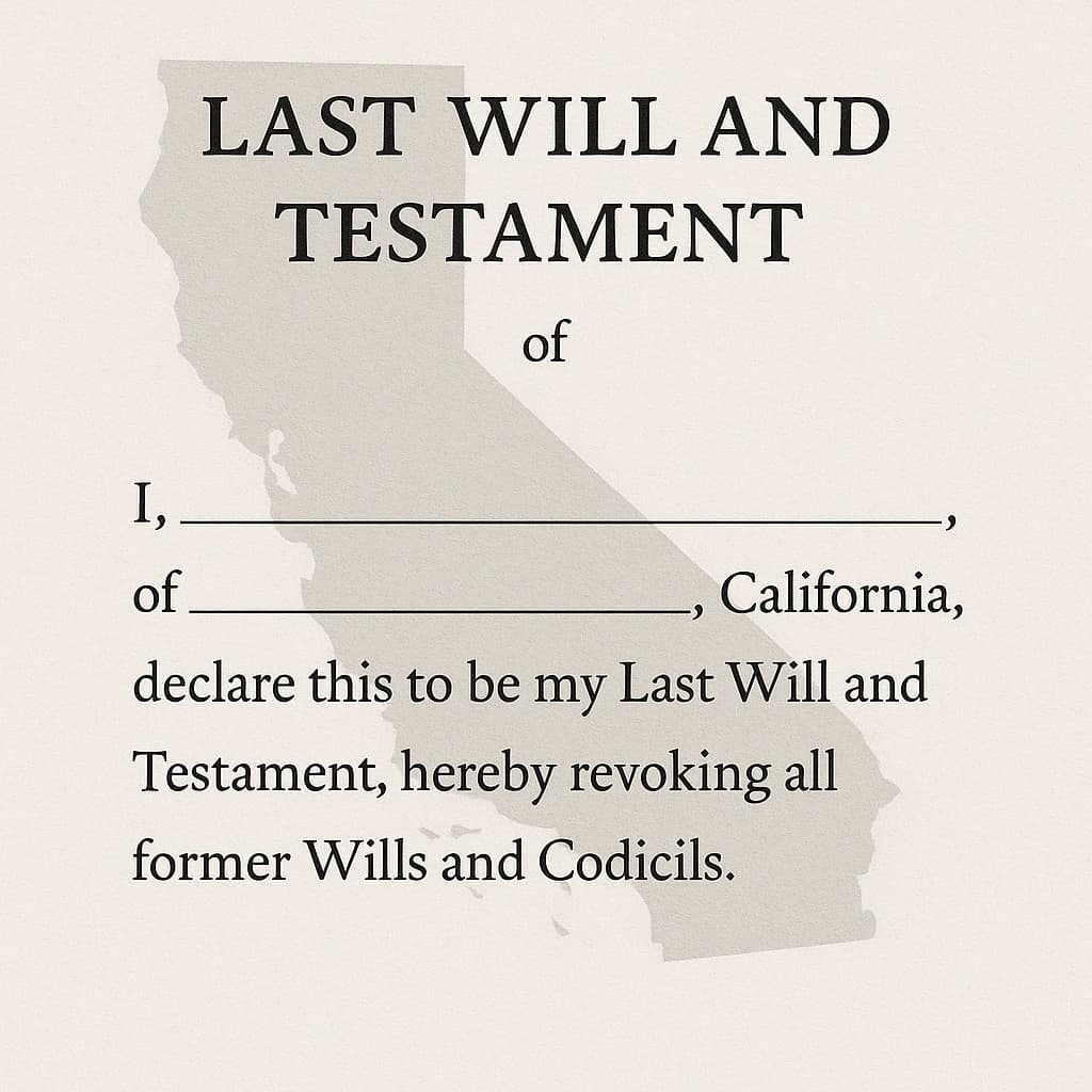 Last Will and Testament California Elegant last will and testament document with the outline of California in the background.
