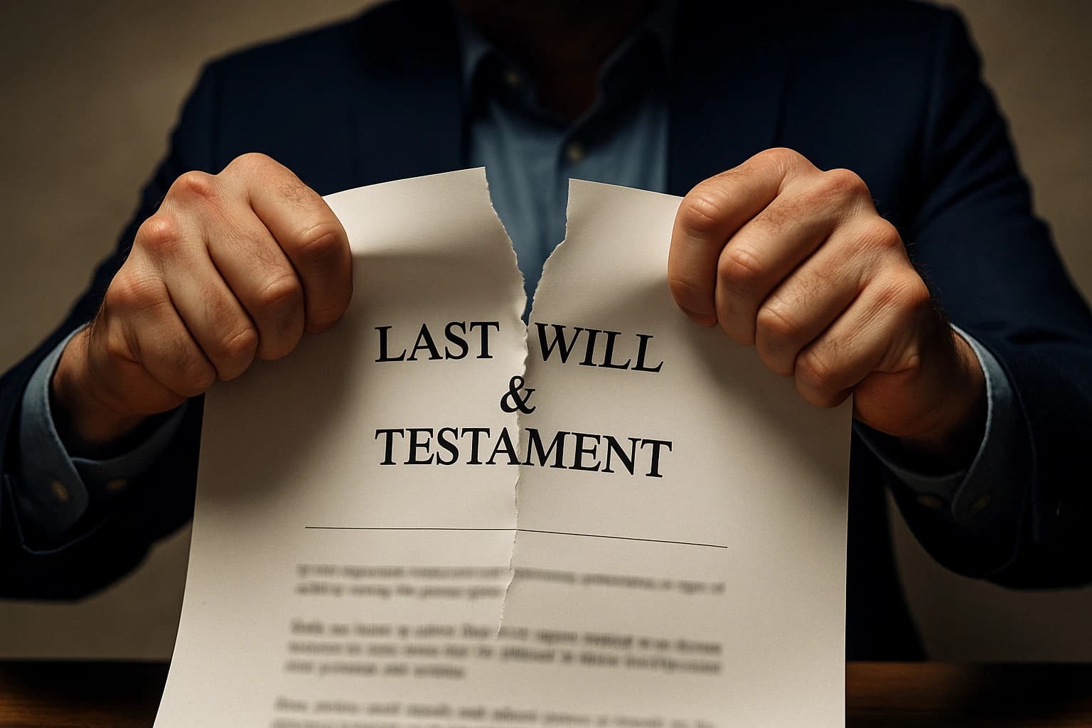 Challenging a Will – When Emotions Run High Over Inheritance Disputes Person angrily tearing up a Last Will and Testament, symbolizing Challenging a Will during inheritance disputes.