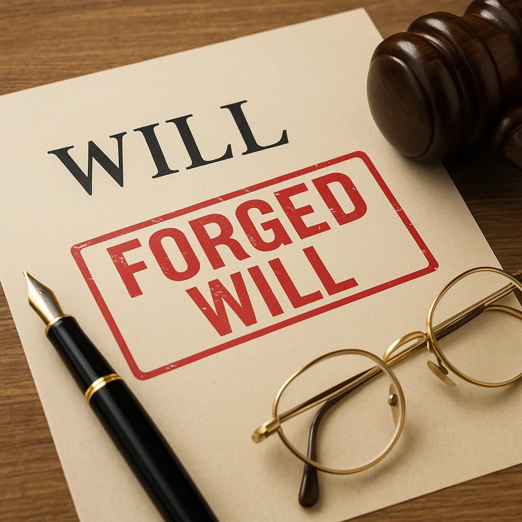 Evidence of a Forged Will shown with signature tools and gavel. Legal document marked “Forged Will” beside gavel, pen, and glasses on wooden desk.