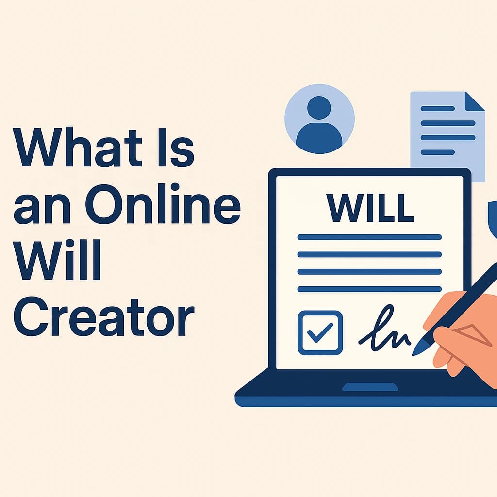 What Is an Online Will Creator Online will creator concept showing laptop with digital will form and signing hand, symbolizing creating a legal will online.