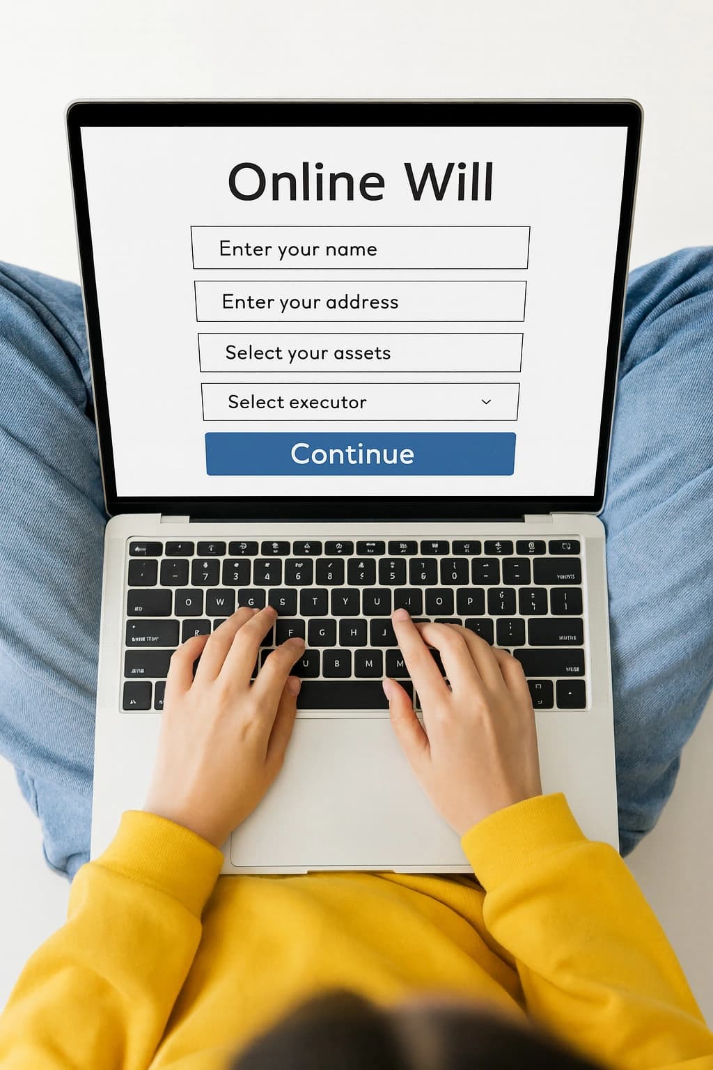 Easy Online Will Form on Laptop Screen Person creating an easy online will on a laptop with a simple form displayed on the screen.
