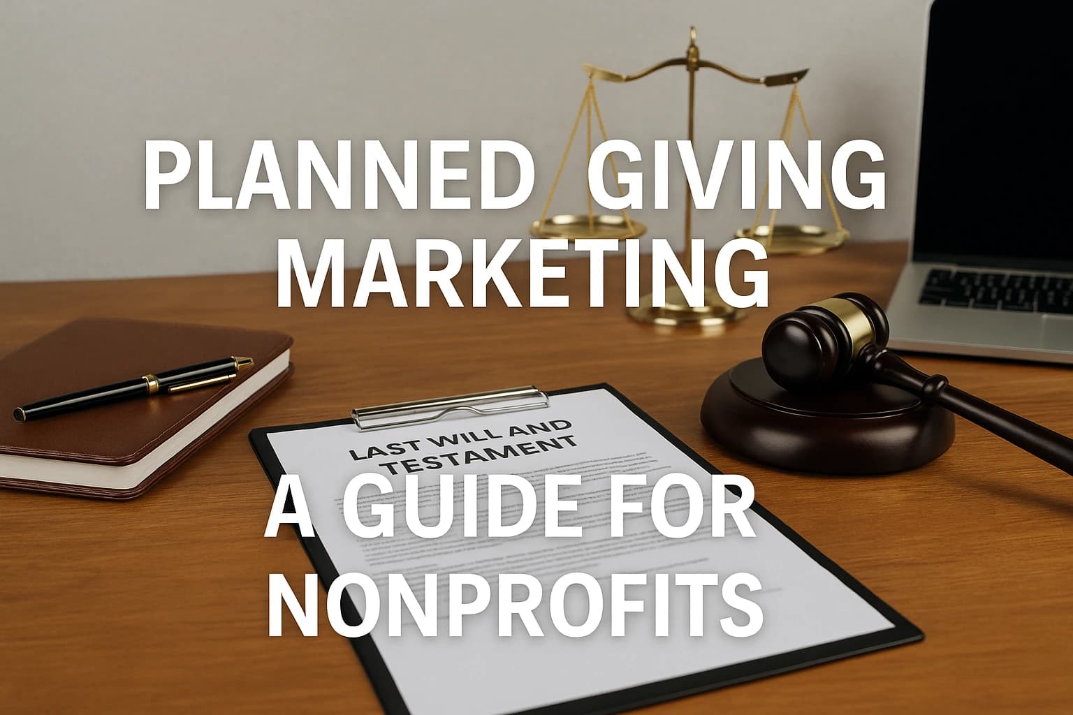 Planned Giving Marketing: A Guide for Nonprofits Nonprofit desk with last will document, gavel, scales, and text reading “Planned Giving Marketing: A Guide for Nonprofits.