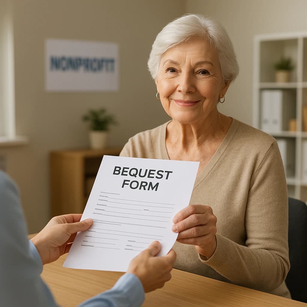 Bequest Form Handed to Nonprofit – The U.S. Will Registry Elderly woman proudly handing a Bequest Form to a nonprofit representative at The U.S. Will Registry office.