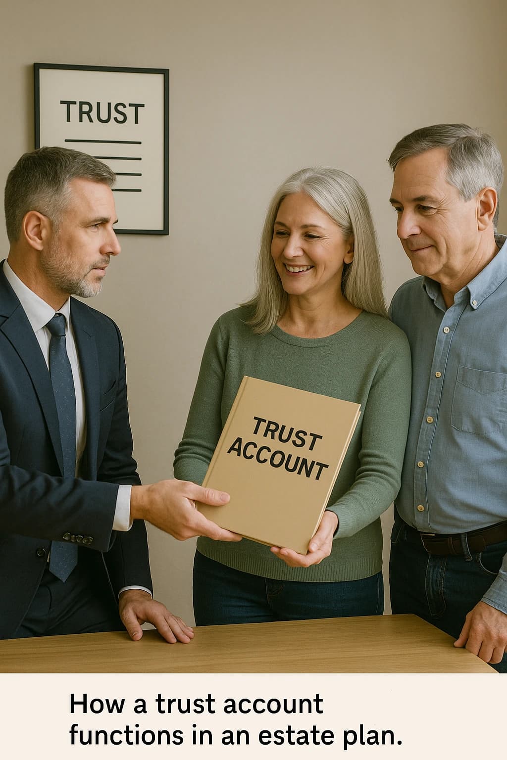 Trust Account Estate Planning Guide Trust account illustration showing a trustee managing assets for beneficiaries.