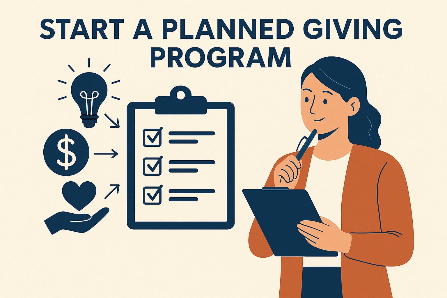 Start a Planned Giving Program Illustration showing nonprofit staff using digital tools to start a planned giving program with donor charts and an online will platform.