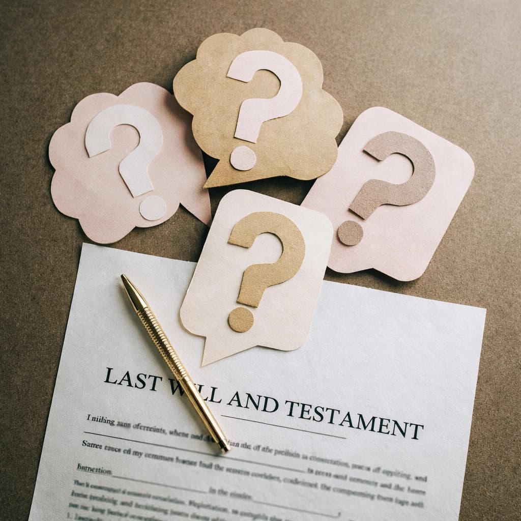 Inheritance Question Over Last Will and Testament inheritance for non immediate family shown with question marks over a last will and testament