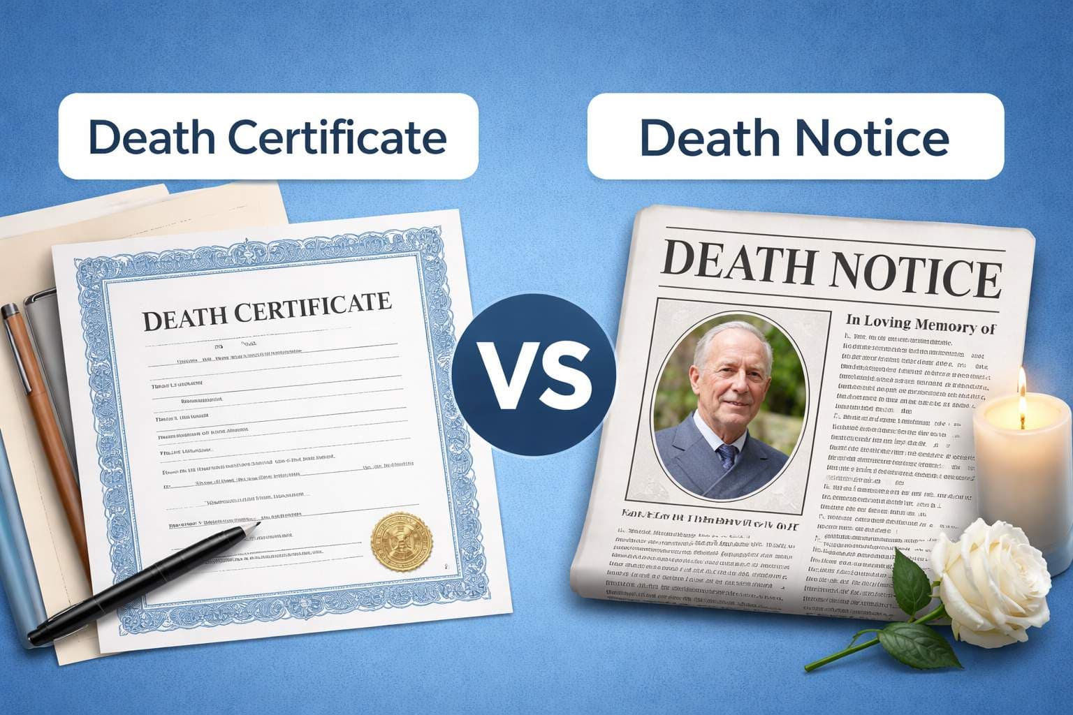 Death Certificate vs Death Notice Comparison Death Certificate vs Death Notice comparison showing legal document and obituary announcement