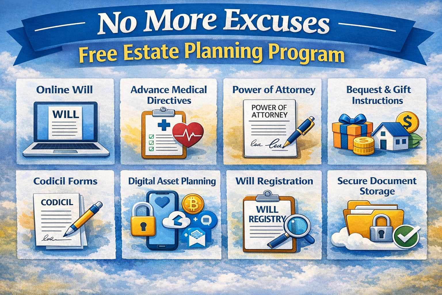 No More Excuses Free Estate Planning Program Overview Free Estate Planning program showing online will and legal document services