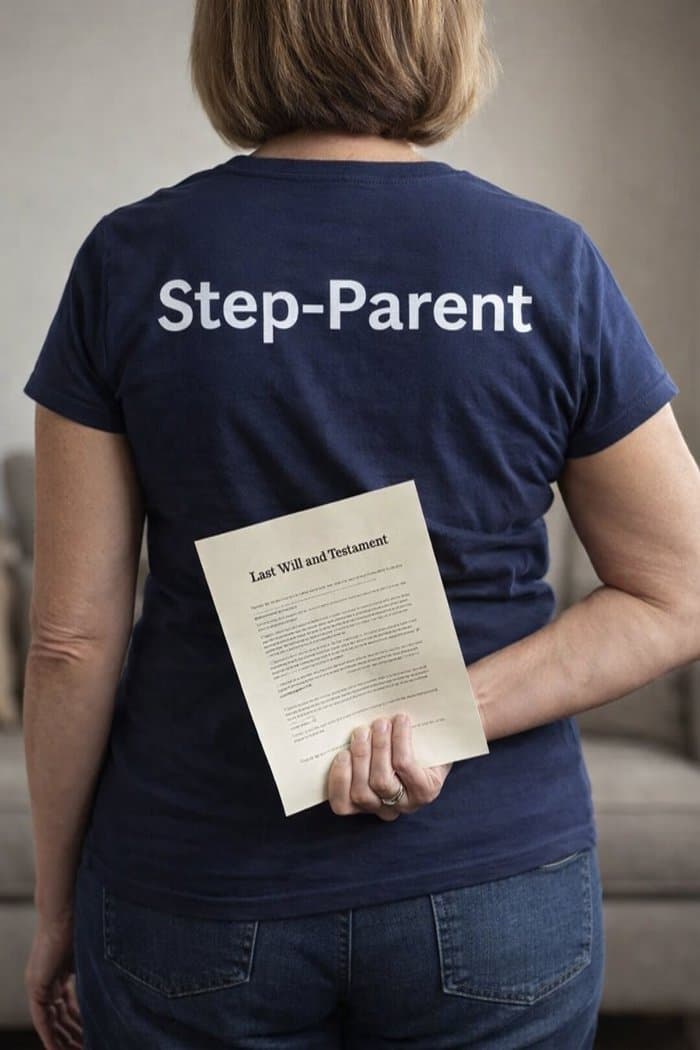 step-parent-hiding-will-narrow Step-parent hiding a will while adult children search estate documents in a filing cabinet