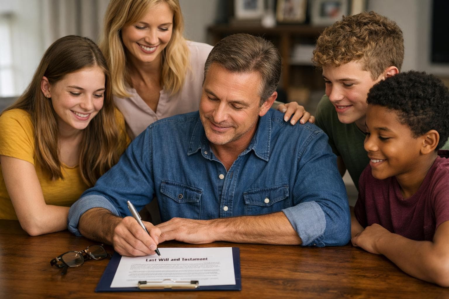How to Include Stepchildren in a Will How to include stepchildren in a will, stepparent signing estate planning document with blended family