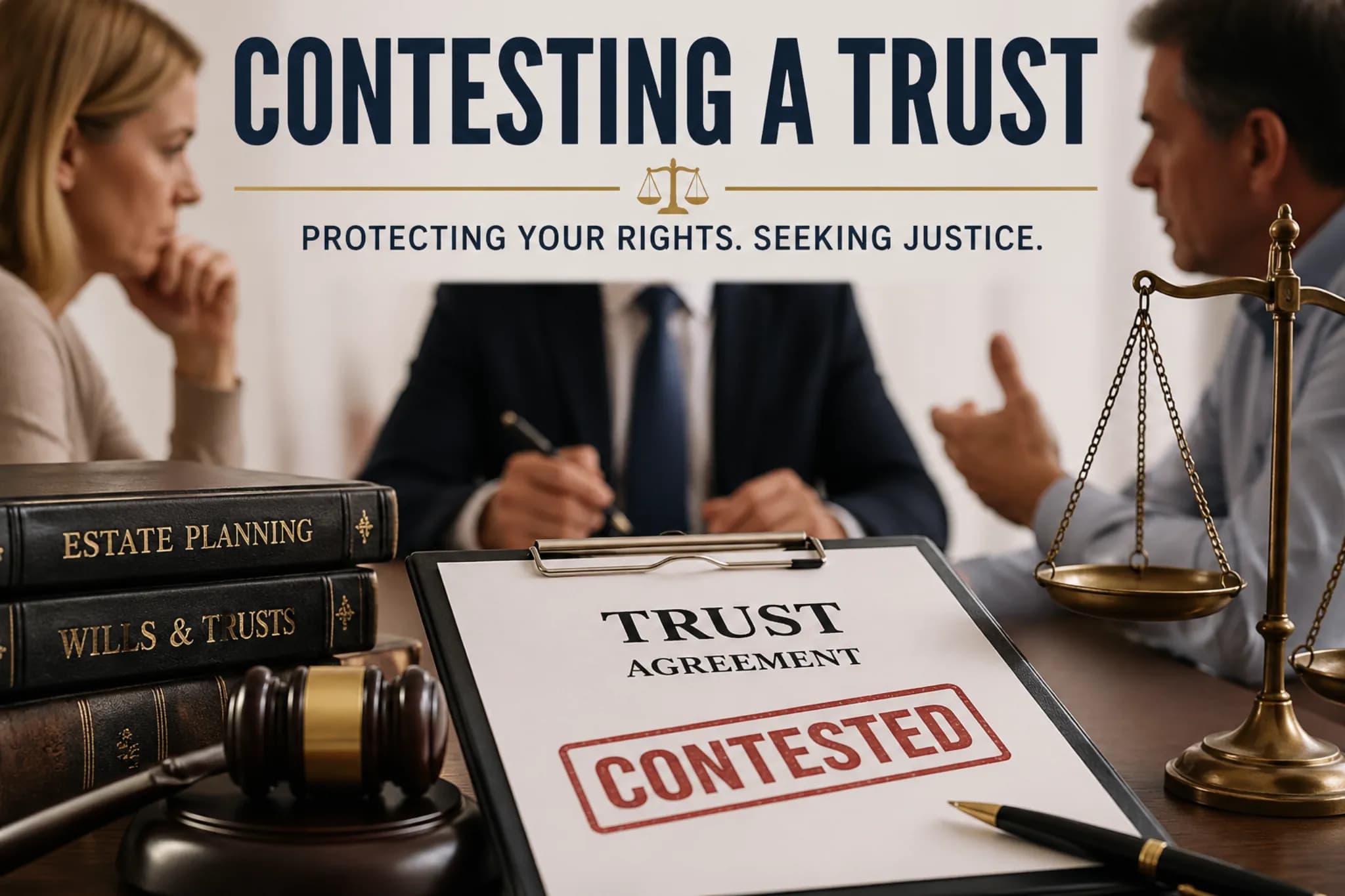 Contesting a Trust Contesting a trust legal dispute showing trust agreement marked contested with attorney and clients discussing case