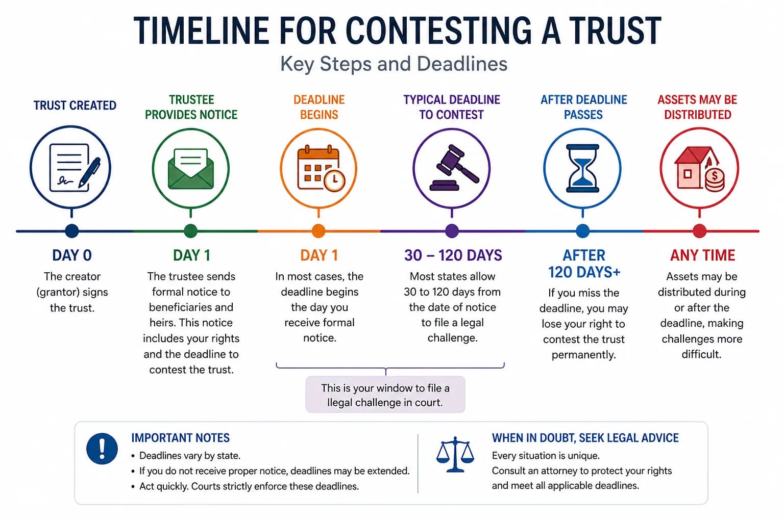 Timeline for contesting a will Deadlines to contest a trust timeline chart showing notice, 30 to 120 day window, and legal cutoff stages
