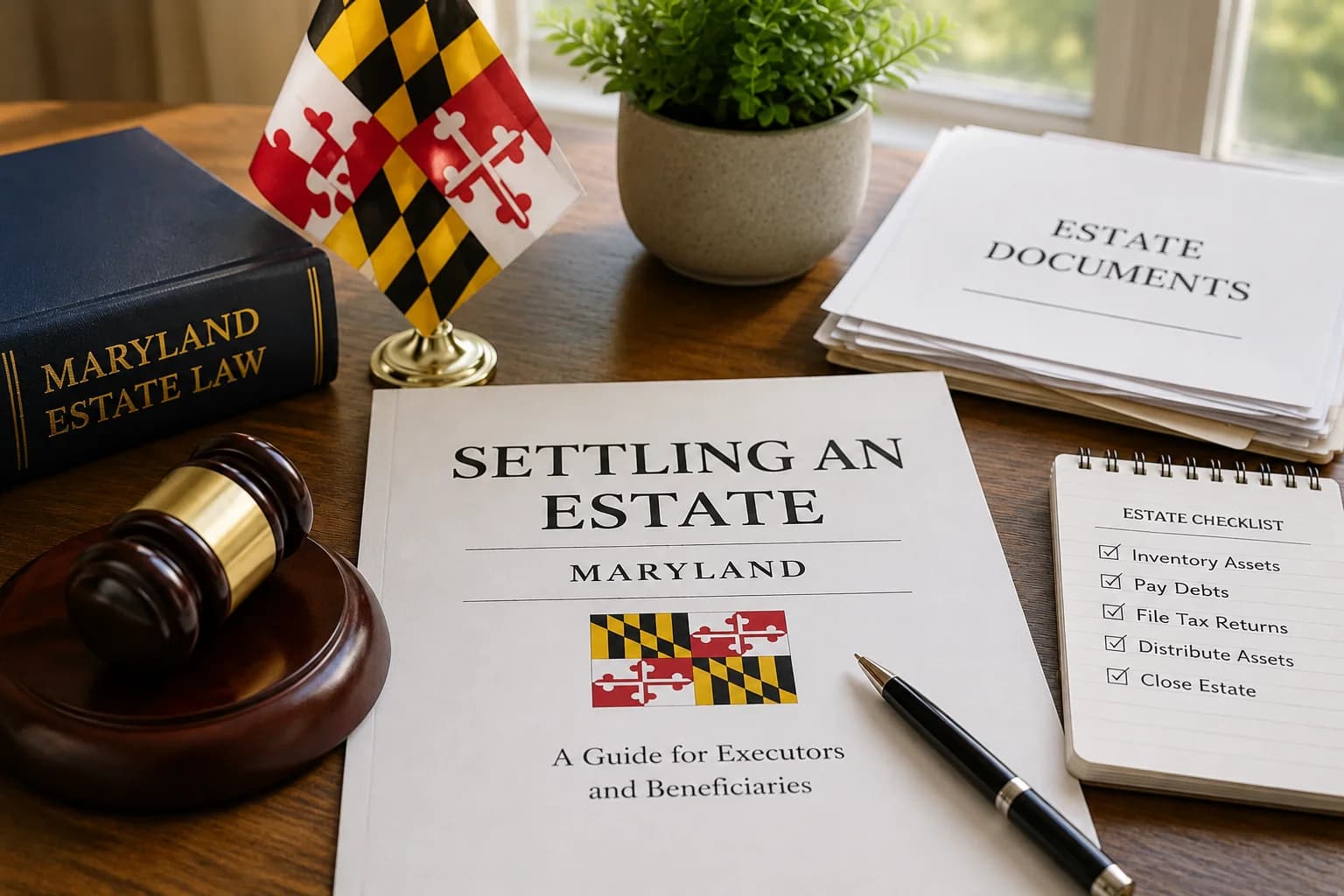 Settling an Estate in Maryland Estate settlement documents on a desk with a gavel, Maryland estate law book, and legal paperwork related to settling an estate in Maryland.