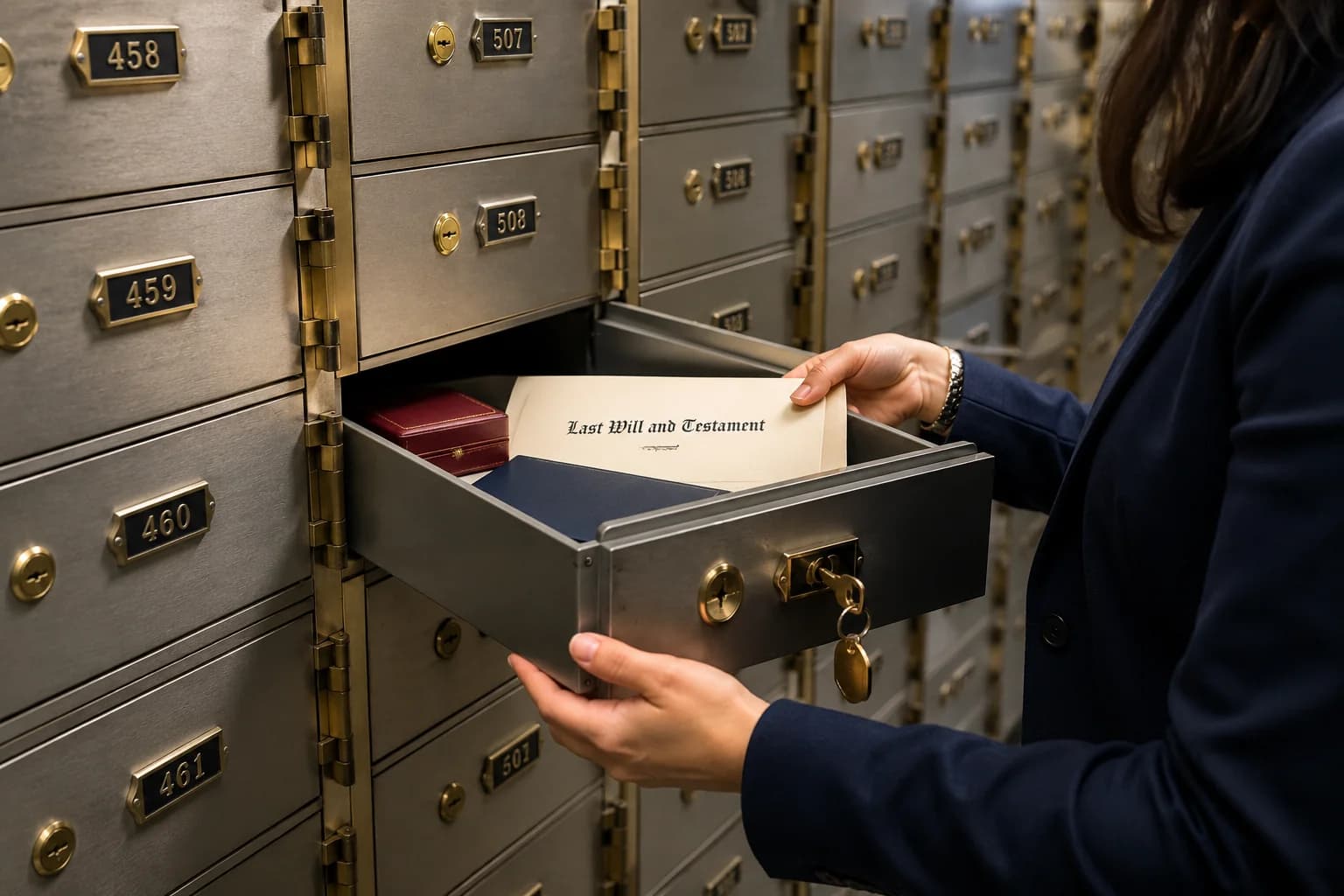 How to Access a Will in a Safe Deposit Box After Death Person opening a bank safe deposit box containing a Last Will and Testament while accessing a will in a safe deposit box after death.